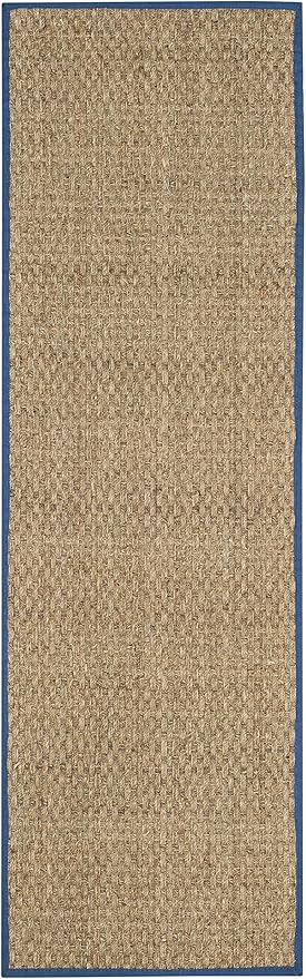 SAFAVIEH Natural Fiber Collection Runner Rug - 2'6" x 12', Natural & Navy, Seagrass, Basketweave Pattern with Border (NF114T)