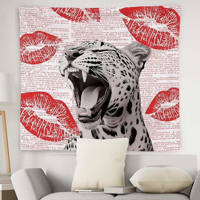 WNAGT Retro Trendy Leopard Tapestry Wall Hanging, Cheetah Leopard Room Decor, Vintage Funky Cheetah Print Lips Wall Blanket Decor for Girls Bedroom Dorm Apartment Home, 50x60 Inch(Red)