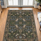 Vintage Floral Area Rug 5x7 for Living Room - Dark Green Forest Bird Rugs for Bedroom, Dining Room, Office, Non Slip Stain Resistant Low Pile
