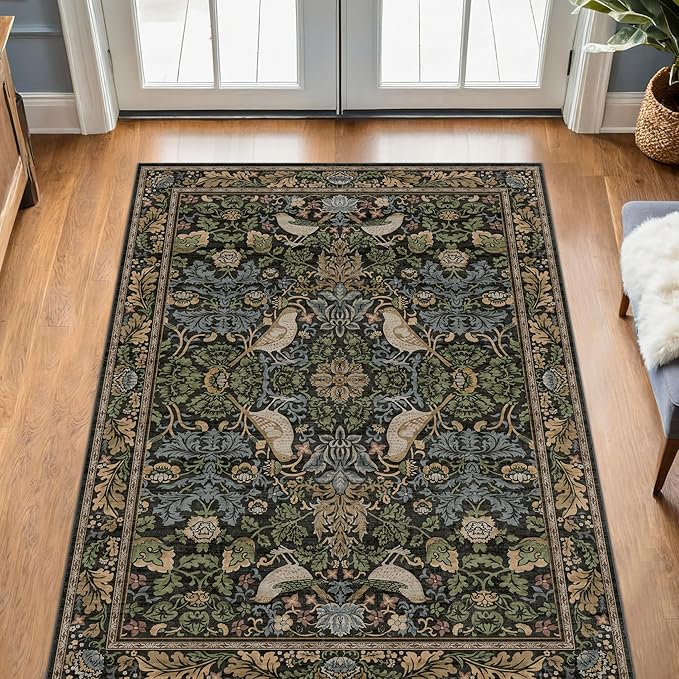 Vintage Floral Area Rug 5x7 for Living Room - Dark Green Forest Bird Rugs for Bedroom, Dining Room, Office, Non Slip Stain Resistant Low Pile