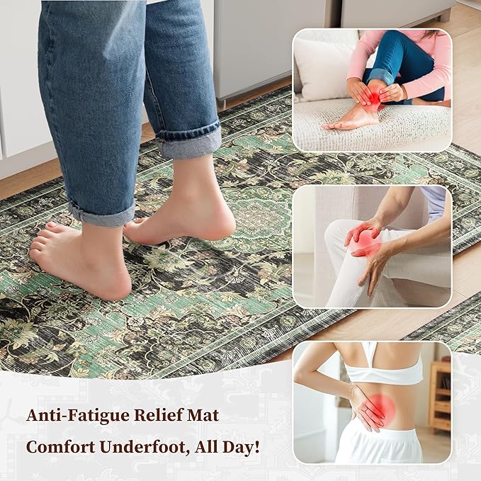 Boho Kitchen Mats for Floor 2 Piece Set Anti Fatigue Cushioned PVC Kitchen Rugs Non Slip Waterproof Farmhouse Mats 2/5 Inch Comfort Standing Mat for Sink, Laundry, 17.3"x47"+17.3"x28", Black Green