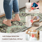 Boho Kitchen Mats for Floor 2 Piece Set Anti Fatigue Cushioned PVC Kitchen Rugs Non Slip Waterproof Farmhouse Mats 2/5 Inch Comfort Standing Mat for Sink, Laundry, 17.3"x47"+17.3"x28", Black Green