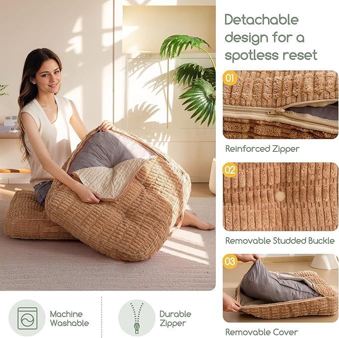 Washable Floor Pillow Cushion for Adults, Meditation Cushion Pillow, Removable Tufted Blended Corduroy Cover, Large Square Floor Sitting for Tatami Living Room or Yoga, 2Pack, Machine Washable