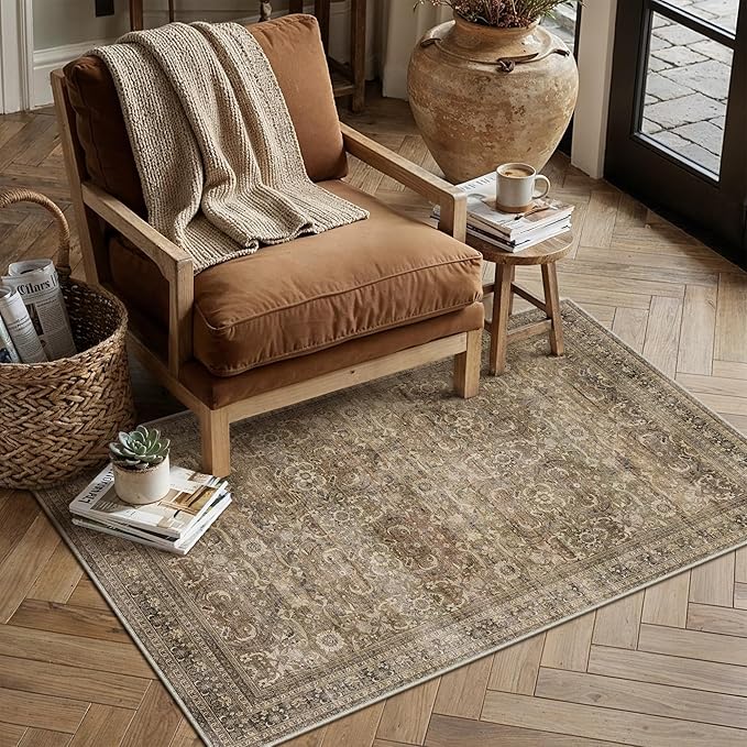 HUGEAR 3x5 Entryway Area Rug Vintage Brown Small Rug Machine Washable Door Mat Retro Floral Low Pile Carpet Vacuumable Distressed Throw Rug Entrance Kitchen Bedroom Bathroom Non Slip Lightweight