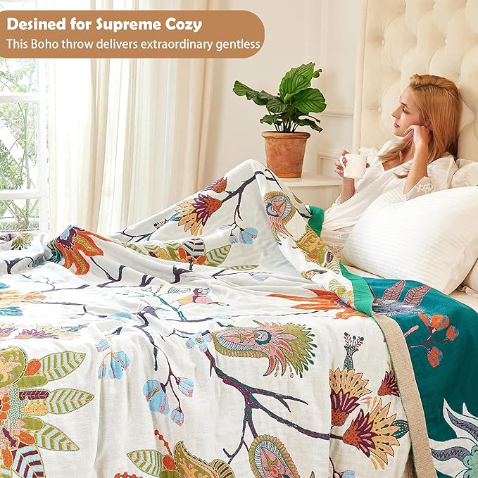 Boho Throw Blanket, 100% Organic Cotton Breathable Skin-Friendly Ultra Soft Bed Quilt Throw - All Season Floral Bird Farmhouse Décor Luxury Blanket for Sofa Couch Chair and Gift. 50" x 60"