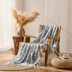 DOWN HOME Chenille Cotton Throw Blanket for Couch, Lightweight Boho Blanket for Bed Sofa Chair Living Room Outdoor Soft Woven Decorative Blanket with Tassel Gift Grey Leaves 50"x70"