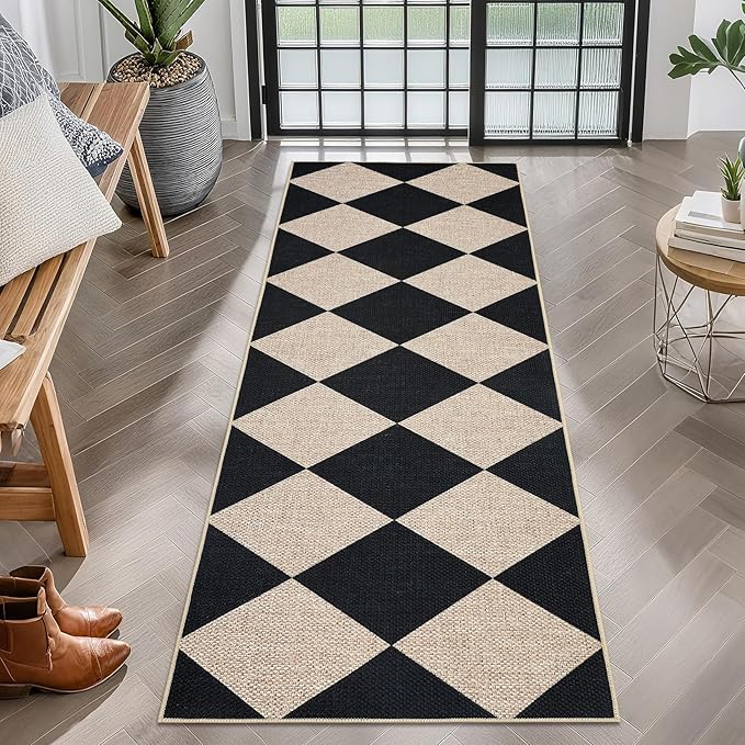 GarveeHome Easy Jute Rugs 2x8 Checkered Kitchen Runner Rugs Non Skid Washable Stain Resistant Indoor Outdoor Rugs for Living Room, Bedroom, Dining, Patio - Farmhouse Style Black