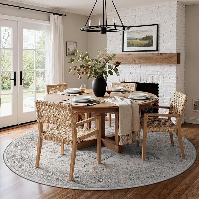 GENIMO 8FT Round Area Rugs for Living Room, Circle Rugs Machine Washable Low Pile, Chenille Non Slip Vintage Rug for Bedroom, Dining Room, Home Office, Light Taupe Brown
