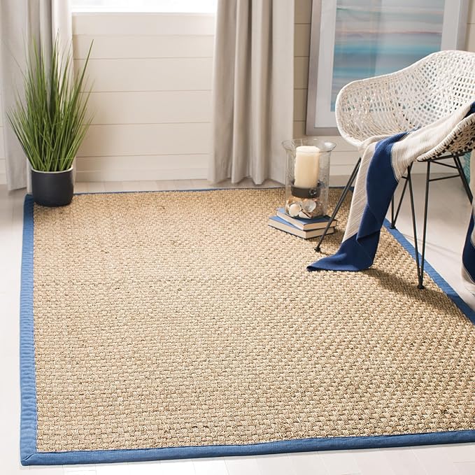 SAFAVIEH Area Rug 5x8 - Natural Fiber Collection - Natural & Navy, Seagrass, Basketweave Pattern with Border (NF114T)