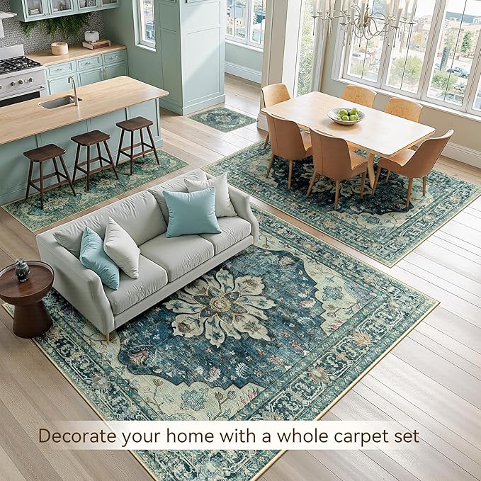 Area Rugs 3'x5' Washable Non-Slip, Floral Vintage Distress Print Pattern Medallion Carpet for Living Room Bedroom Dining Room, Dark Blue Vintage