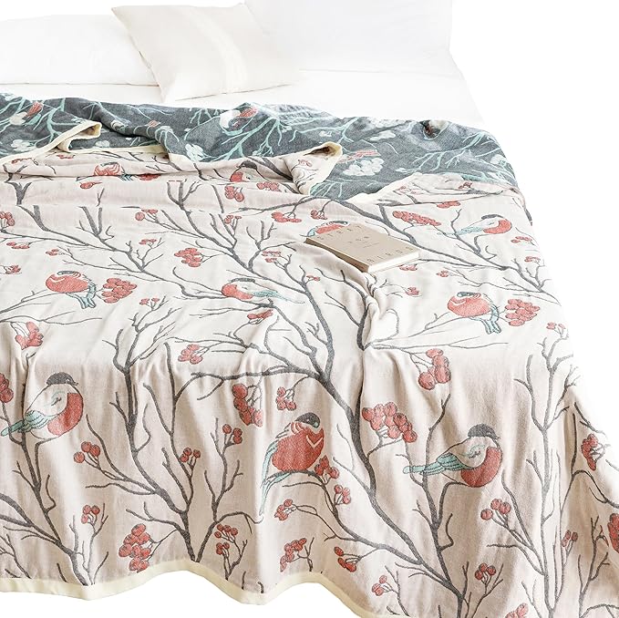 Scientific Sleep Bird Magpie on Hawthorn Tree 100% Cotton Muslin Blanket Throw Cover for Bed Couch Sofa Cozy Soft Reversible Bedding Blanket Bedspread Coverlet Twin 60 in x 80 in