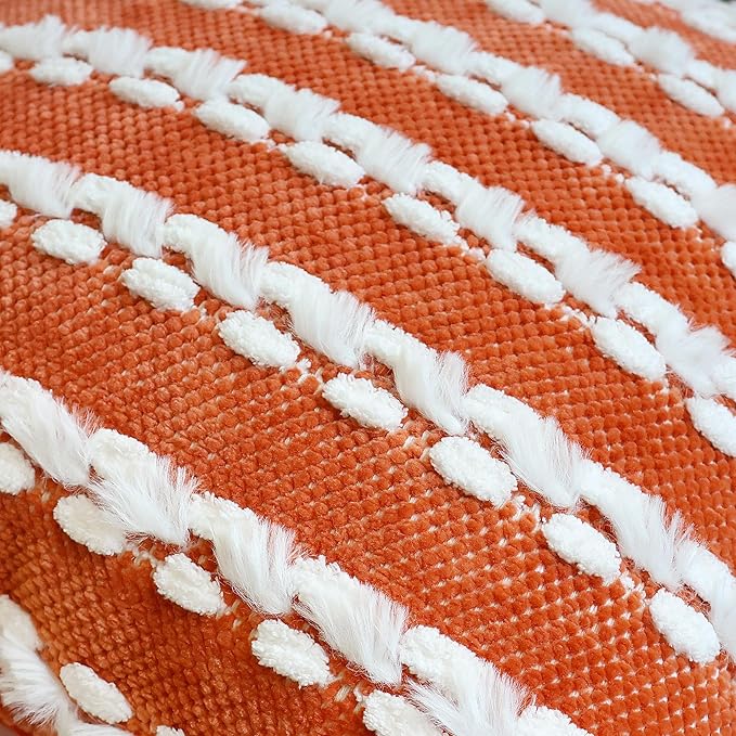 18x18 Boho Pillow Cover-Chenille Tufted Decorative Throw Pillow Cover Soft Velvet Backing, Farmhouse Striped Square Pillow Case for Sofa, Couch, Bedroom, Living Room, Orange-White Stripe