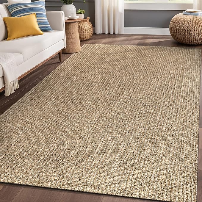 Easy Jute Rugs 6x9 Natural Color Living Room Indoor Outdoor Area Rug for Farmhouse Patio and Kitchen Rug High Traffic Washable Easy to Clean Solid Boho Woven Design Outside Carpet (6 x 9)
