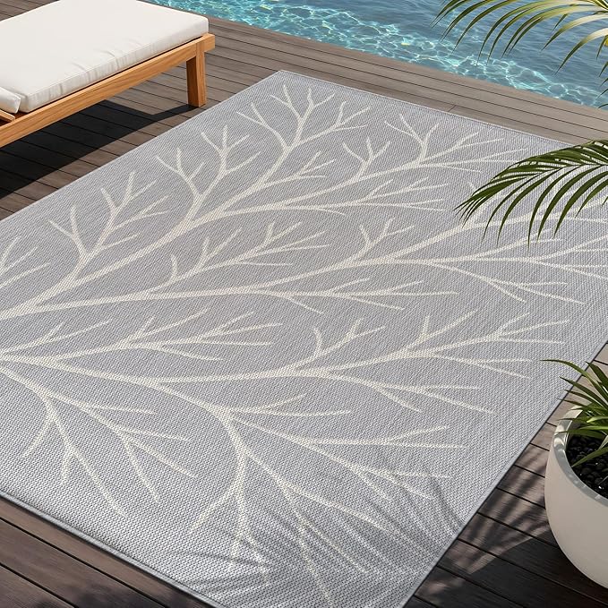 Washable Indoor Outdoor Rug 10x14 Modern Area Rugs Branch Pattern Non Shedding Waterproof Easy Clean Patio Deck Porch Living Room Bedroom Garden RV (10 X 14 Gray)
