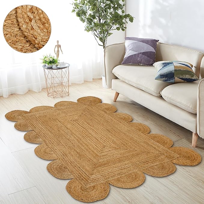 Hand Woven Jute Area Rug - 5' x 7' Feet - Rustic Beige Reversible Rectangular Rugs for Bedroom, Kitchen, Living Room - Vintage Natural Braided Entry Floor Décor Boho Jute Rug 5x7 Feet