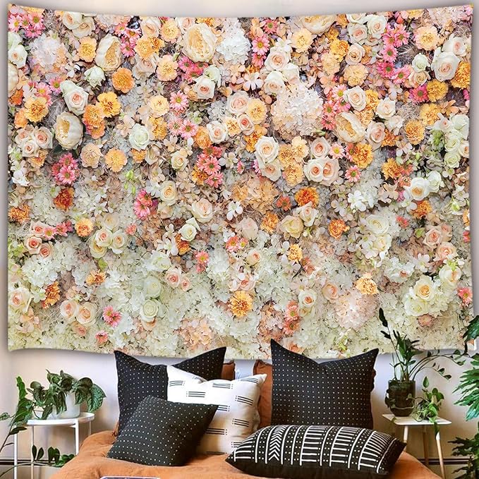 JAWO Floral Wall Tapestry for Girls, Colorful Pink Rose Flower Tapestries Wall Hanging for Bedroom, Romantic Spring Aesthetic Tapestry Beach Blanket College Dorm Home Decor (40" W X 30" H)