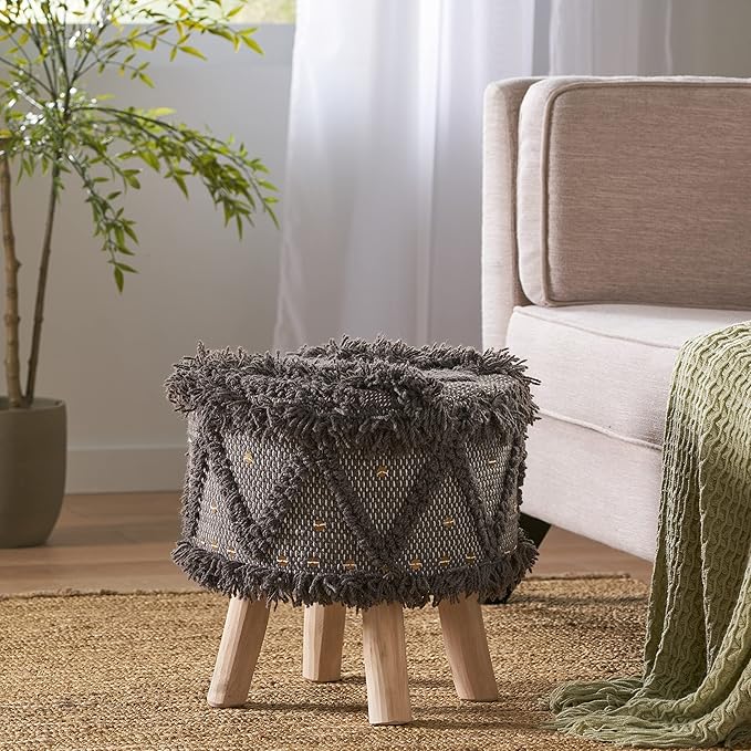 Dark Brown Handcrafted Wool & Cotton 16x16 Foot Stool - Boho Style Ottoman Foot Rest for Living Room