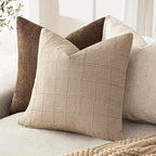Foindtower Set of 2 Decorative Linen Check Throw Pillow Covers Neutral Farmhouse Vintage Cushion Covers Modern Coastal Boho Home Decor for Sofa Chair Couch Bedroom Living Room,18×18 Inch,Camel