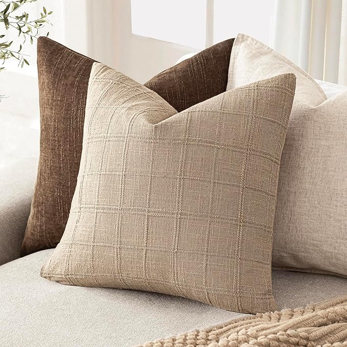 Foindtower Set of 2 Decorative Linen Check Throw Pillow Covers Neutral Farmhouse Vintage Cushion Covers Modern Coastal Boho Home Decor for Sofa Chair Couch Bedroom Living Room,22×22 Inch,Camel