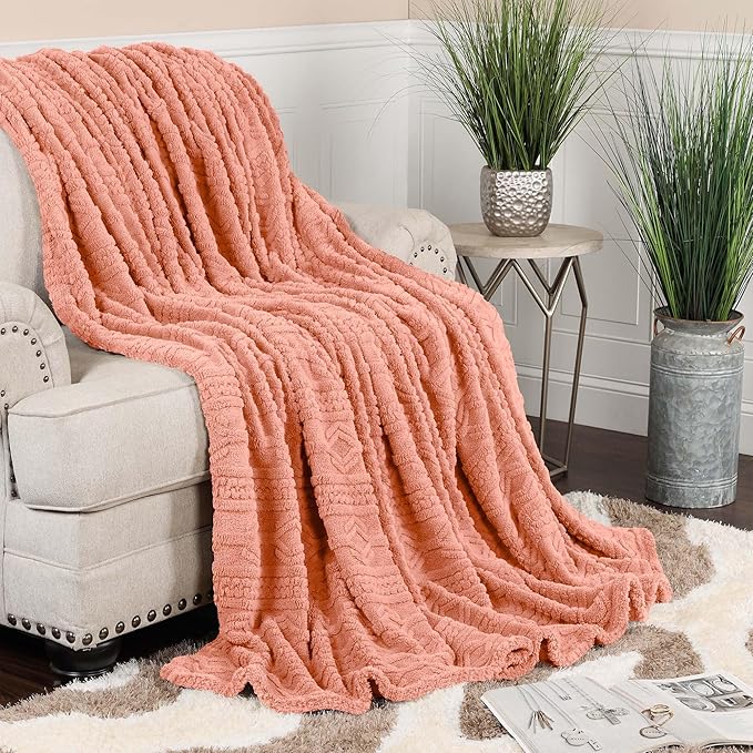 Superior Fleece Boho Jacquard Blanket, Decorative Blankets for Bedroom, Sofa, Fuzzy, Plush, Fluffy, Soft, Cute Room Decor, Beautiful Cover, Comfort Essentials, Arctic Collection, Full/Queen, Blush