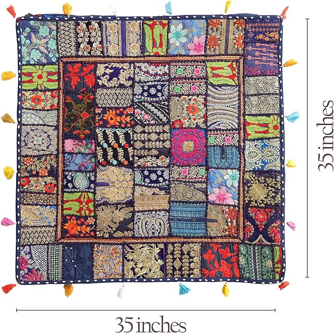 THE ART BOX Cotton Patchwork Vintage Boho Embroidered Floor Pillows & Cushion Cover Dog Pouf Seating Pouf Meditation Pillow Pet Bedding Cat Bed Boho Home Décor (35x35 Inches, Cover Only)