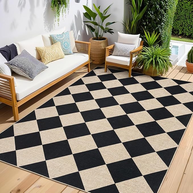 GarveeHome 9x12 Checkered Easy Jute Rugs for Bedroom Machine Washable Large Rugs Non-Slip Backing Modern Neutral Stain Resistance Carpets for Farmhouse Patio Dining Room Backyard Black