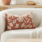BlissBlush 12x20 Lumbar Pillow Cover, Brick Red Rectangular Decorative Throw Pillowcase for Couch Sofa, Floral Tufted Embroidered Velvet Farmhouse Accent Cushion (Cover Only)