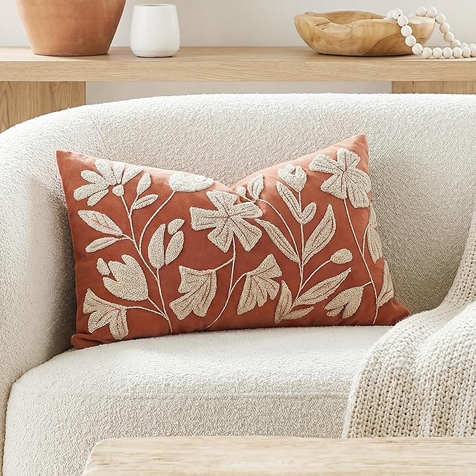 BlissBlush 12x20 Lumbar Pillow Cover, Brick Red Rectangular Decorative Throw Pillowcase for Couch Sofa, Floral Tufted Embroidered Velvet Farmhouse Accent Cushion (Cover Only)