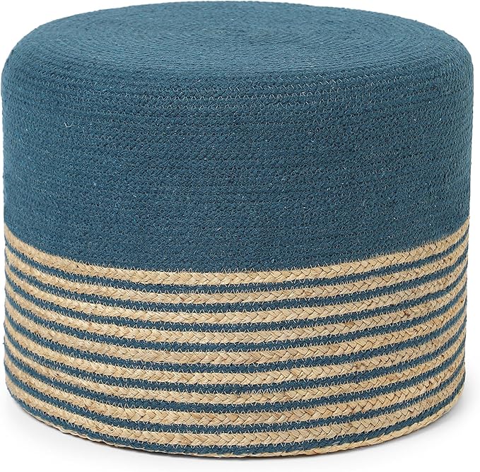 · REDEARTH · Cylindrical Pouf Foot Stool Ottoman - Jute Braided Pouffe Poof Accent Sitting Footrest for Living Room, Bedroom, Nursery, Patio, Lounge & Other Rooms (Teal Natural, 18"X18"X14")
