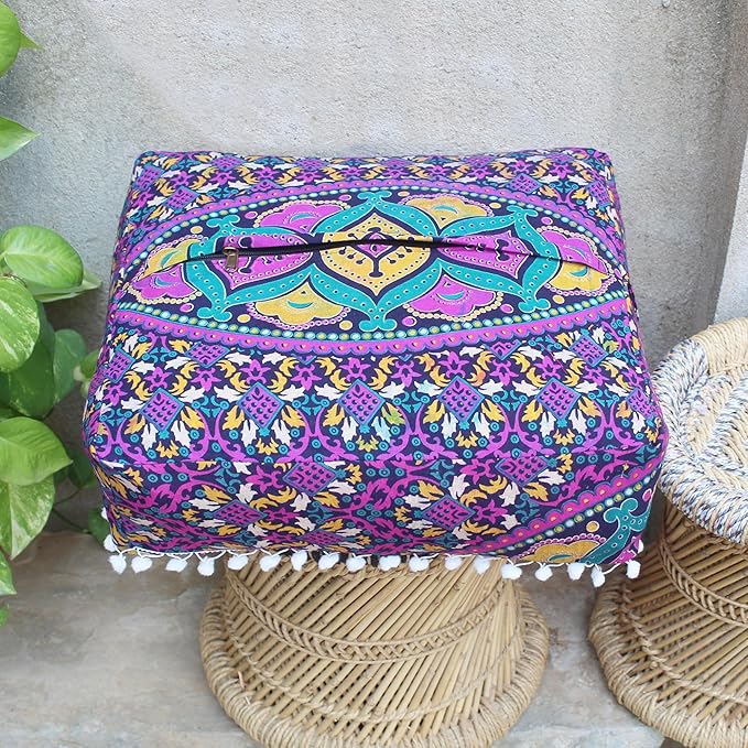 CRAFT KALA Large Hippie Mandala Meditation Floor Ottoman Pillow Cushion Pouf Cover Square Poufs Bohemian Circle Floor Cushion Case Outdoor Fireplace Yoga Living Room Decor Cover New Pink, 24" Square