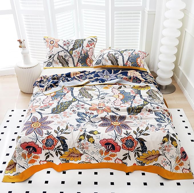 Scientific Sleep Boho Flower Blossom Farmhouse Retro Floral 100% Cotton Muslin Blanket Throw Cover for Bed Couch Sofa Cozy Soft Reversible Blanket Quilt Bedspread Coverlet Full Queen 80 in x 90 in