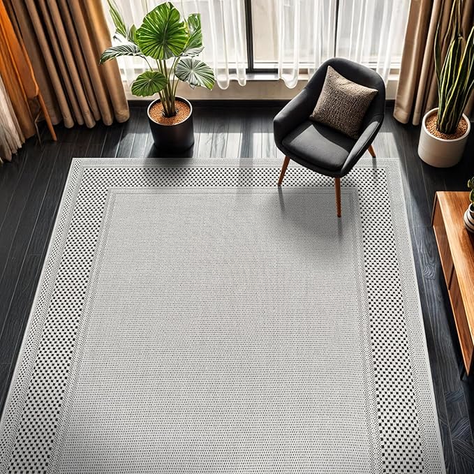 CAMILSON Easy Jute Rug 8x10, Indoor Outdoor Off-White Color Fiber Area Rugs for Entry, Living Room and Bedroom Rug, Bordered Boho Woven Design, Easy-Cleaning, Washable Outside Carpet (8 x 10)