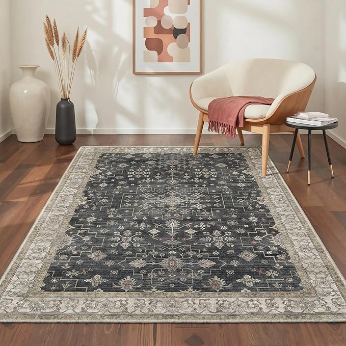 GENIMO Area Rug 2x3 Doormat, Machine Washable Low Pile Rugs, Small Retro Chenille Entryway Mat for Entrance, Hallway, Kitchen and Corridor, Sandy Charcoal
