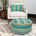 Outdoor/Indoor Inflatable Ottoman Pouf D20 xH9, All Weather Round Footstool with Foot Pump, Water Repellent Portable Footrest with Handle for Patio Garden Camping Travel-Green Stripe