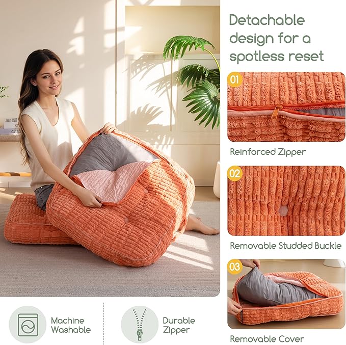 Washable Floor Pillow Cushion for Adults, Meditation Cushion Pillow, Removable Tufted Blended Corduroy Cover, Large Square Floor Sitting for Tatami Living Room or Yoga, 2Pack, Machine Washable