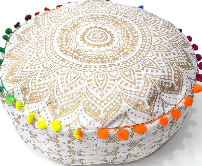 ICC Floor Pillows & Cushion covers Decorative Hippie Mandala Pouf Pillow covers Seating Meditation Cushion Cover Large Boho Ottoman Case Pillowcase Couch White Gold Ombre 16" Round