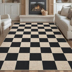 GarveeHome Checkered Easy Jute Area Rug 10x13 Machine Washable Non-Slip Stain Resistant Indoor Outdoor Rugs for Living Room, Bedroom, Kitchen, Dining, Patio Farmhouse Style Black