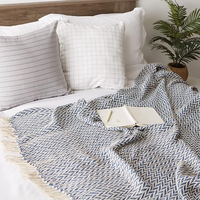 DII Modern Zig Zag Throw Blanket Woven Cotton, Hand-Knotted 2.5" Fringe, 50x60, French Blue