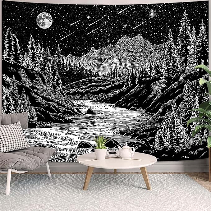 Zussun Black and White Forest Mountain Tapestry for Bedroom Aesthetic Dark Nature Pine Trees Stream Tapestries Wall Hanging Moon and Stars Wall Tapestry for Living Room Dorm 80 × 60 Inch