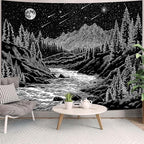 Zussun Black and White Forest Mountain Tapestry for Bedroom Aesthetic Dark Nature Pine Trees Stream Tapestries Wall Hanging Moon and Stars Wall Tapestry for Living Room Dorm 60 × 44 Inch