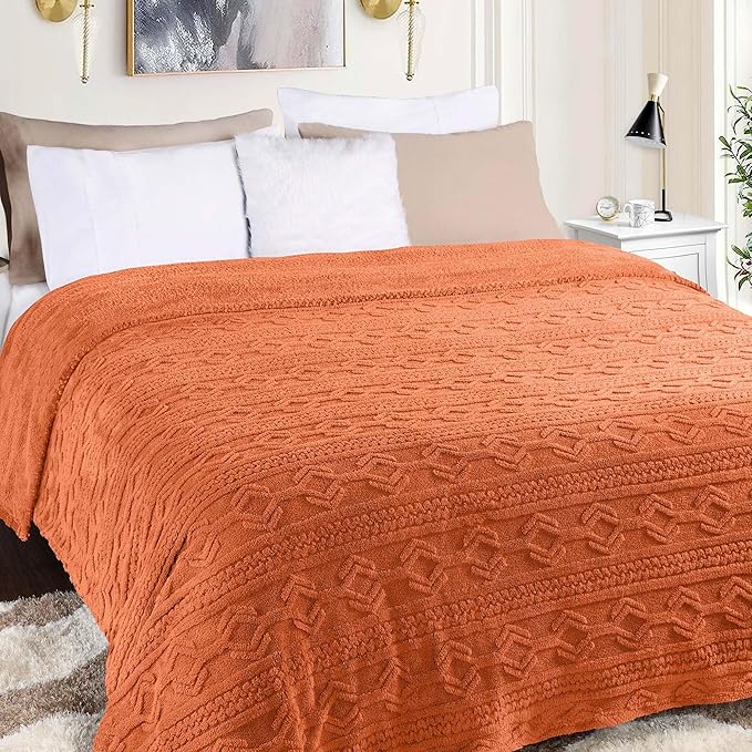 Superior Fleece Boho Jacquard Blanket, Decorative Blankets for Bedroom, Sofa, Plush, Fluffy, Soft, Cute Room Decor, Beautiful Cover, Comfort Essentials, Arctic Collection, Throw XL, Dusty Orange