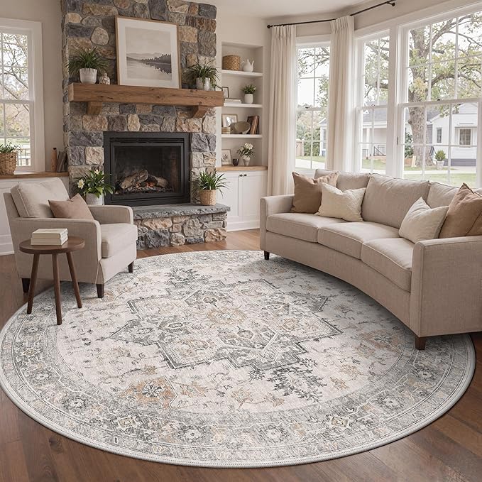 GENIMO 9FT Round Area Rugs for Living Room, Circle Rugs Machine Washable Low Pile, Chenille Non Slip Vintage Rug for Bedroom, Dining Room, Home Office, Light Taupe Brown
