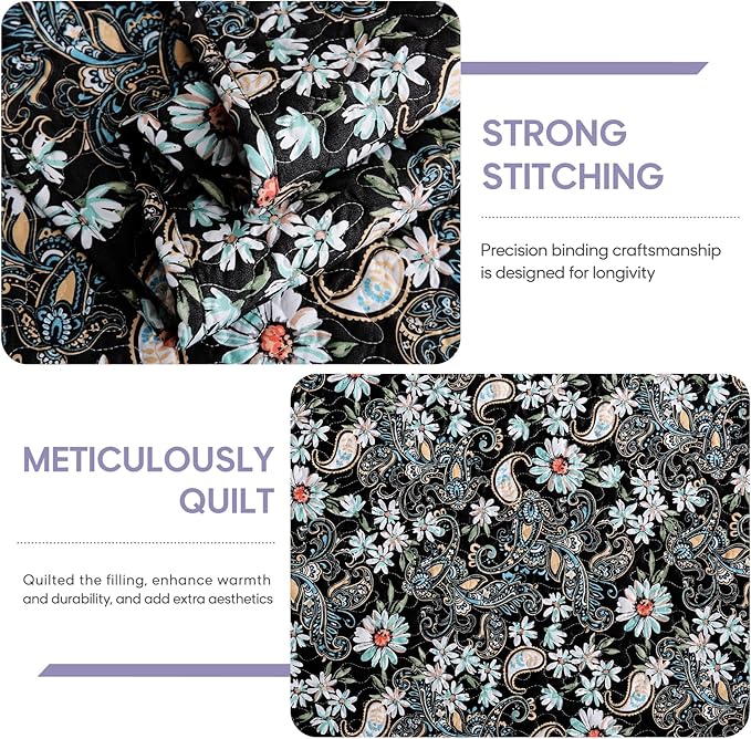 JSD Black Paisley Floral Quilt Set Full Queen, 3 Piece Printed Bedspreads Coverlet with Pillow Sham, Soft Microfiber Quilted Blanket