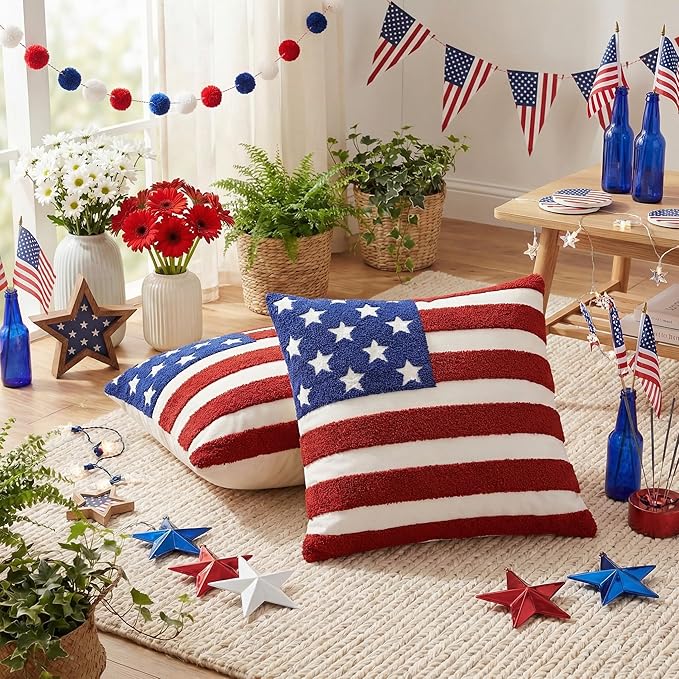 AVOIN colorlife 4th of July Patriotic Striped Star Flag Embroidered Throw Pillow Cover, 18 x 18 Inch Independence Day Decor Tufted Patterned Linen Cushion Case for Sofa Couch