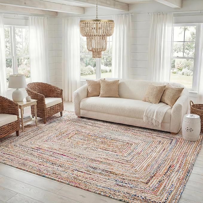 SAFAVIEH Area Rug 8x10 - Cape Cod Collection - Large - Beige & Multi, Handmade Jute & Cotton, Woven Braided Design (CAP202B)