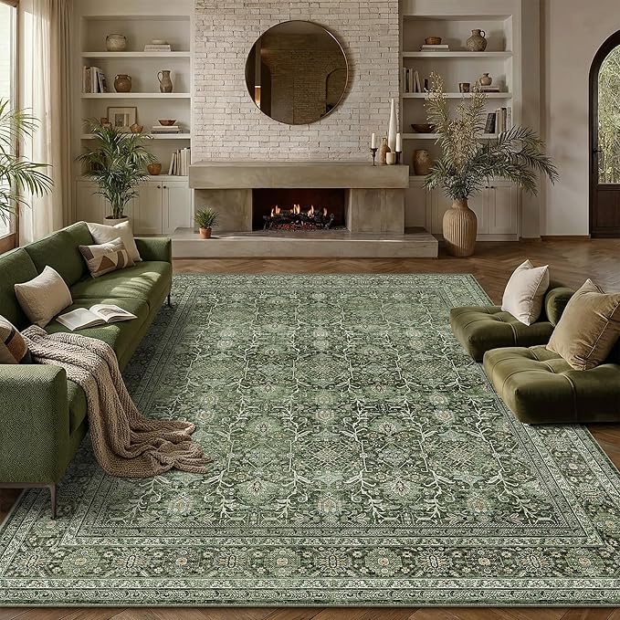Area Rug 9x12 Green Washable Living Room Carpet Soft Non Slip Vintage Bedroom Indoor Office Traditional Retro Distressed Large Throw Rug for Dining Room Playroom