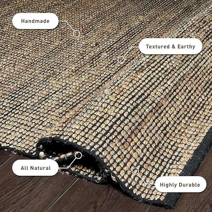 Chardin home 8x10 Jute Cotton Handwoven Area Rug | Braided Boho Farmhouse Rug in Natural Jute/Black | Rustic Vintage Floor Covering for Living Room, Bedroom, Kitchen, and Entryway