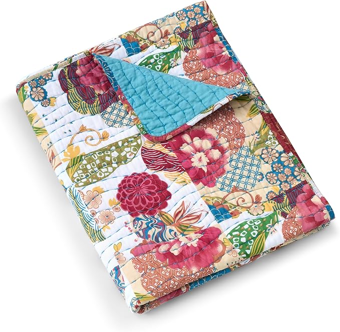Greenland Home Jewel - Classic Boho Floral - 100% Cotton Kantha Quilted Throw Blanket, 50 x 60 inches, White