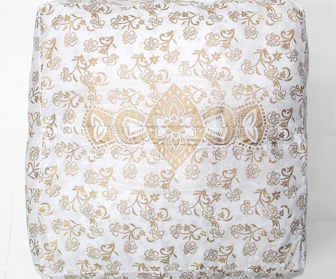 CRAFT KALA 16" Square Large Hippie Mandala Meditation Floor Ottoman Pillow Cushion Pouf Cover Square Poufs Bohemian Circle Floor Cushion Case Outdoor Fireplace Living Decor Cover White Gold Flower