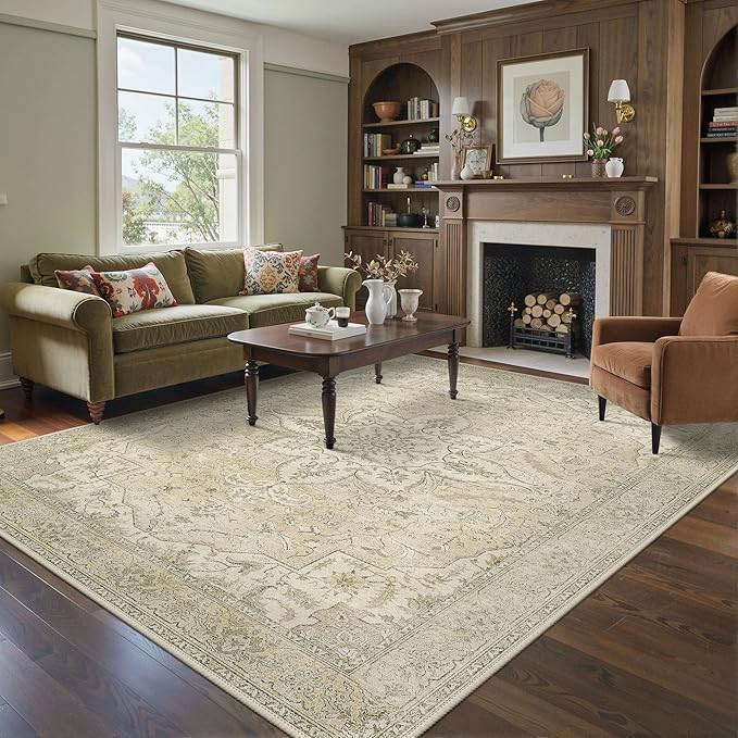 GENIMO 5X7 Washable Vintage Area Rugs for Living Room, Non-Slip Low Pile Chenille Print Rug, Soft Rugs for Bedroom Dining Room Home Office, Linen & Taupe